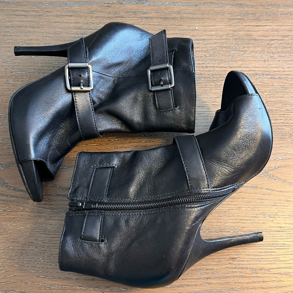 Arezzo Black Women's Peep-Toe High Heel Ankle Boots with Buckle Detail Size 4